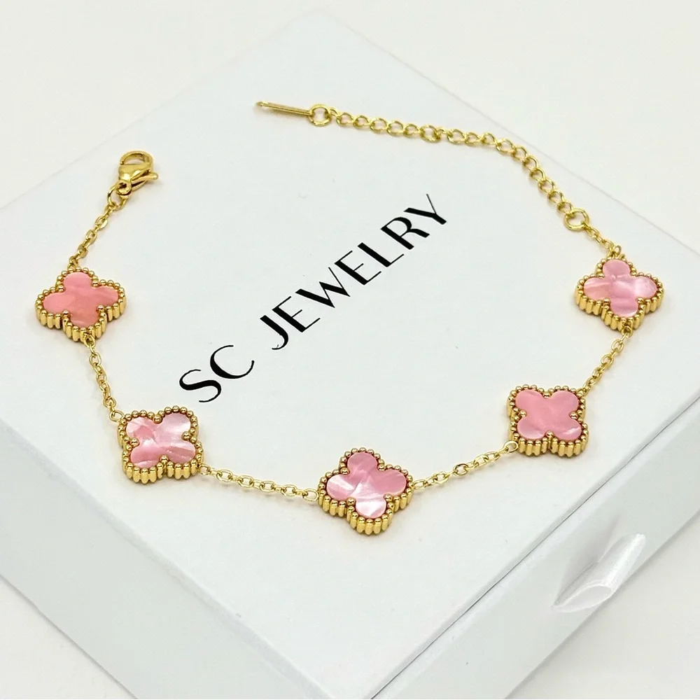 Pink Mother of Pearl & Gold Clover Bracelet | Stainless Steel Double Sided